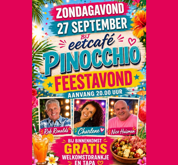 Poster Feestavond zondag 27 september met Rob Ronalds, Charlene en Nico Huisman